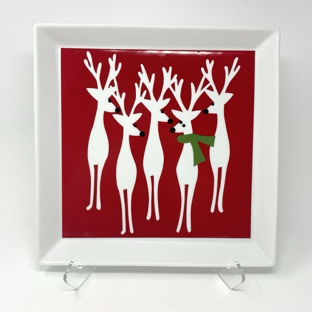 Crate & Barrel REINDEER PARTY 12" Square Serving Platter Christmas Red White